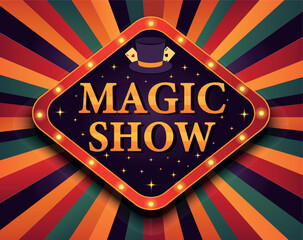 Bright vector illustration of Magic Show poster with cards, top hat, shiny frame on bright background. Use for advertising magic shows, illusion shows, circuses, tickets, events, entertainment posters © AyaLinesDesign