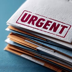 Stacked files with an urgent label, showcasing organized paperwork on a blue surface