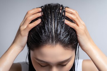Fototapeta premium Woman massaging a hair treatment: A nurturing self-care ritual promoting healthy scalp and radiant hair with a focus on wellness and beauty.