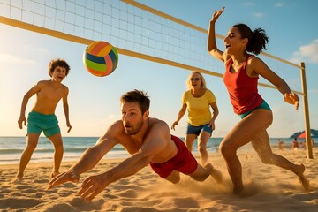 Energetic Family Beach Volleyball Match at Sunset