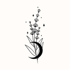 Magical plant with moon and stars, vector art