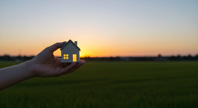 Concepto de compra o construcci&oacute;n de una casa nueva. Mano masculina mostrando la casa de sus sue&ntilde;os en un terreno vac&iacute;o con espacio para copiar.