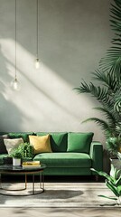 Stylish green living room featuring a modern couch, elegant decor, and lush indoor plants, perfect for a tranquil home ambiance and interior design inspiration.