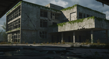 Overgrown Ruins Post-Apocalyptic Abandoned Building 3D Render