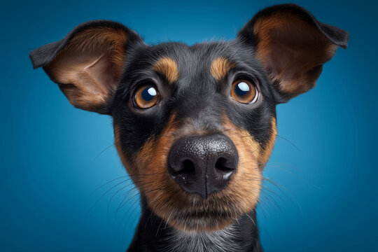 A black and brown dog with brown eyes looking at the camera. The dog's nose is black and brown