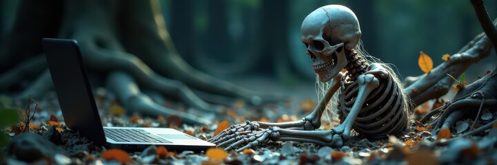 Skeletal remains draped in cobwebs, using laptop Waiting , waiting, cobwebs