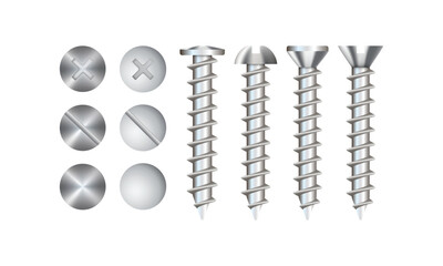 Set of screws and self-tapping screws isolated on white background. Realistic 3d Vector illustration. Is used to connect metal, non-metal, wooden parts.