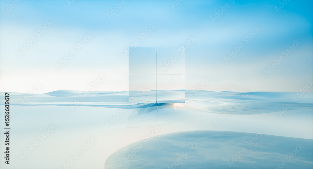 Poster Futuristic 3d landscape background with cube mirror reflection the sky. Innovation technology concept