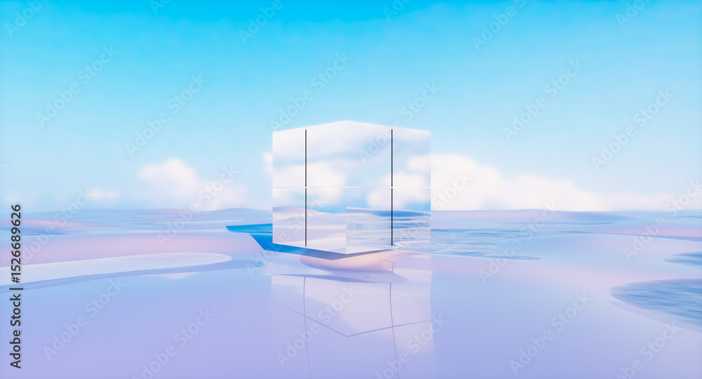 Poster Futuristic 3d landscape background with cube mirror reflection the sky. Innovation technology concept