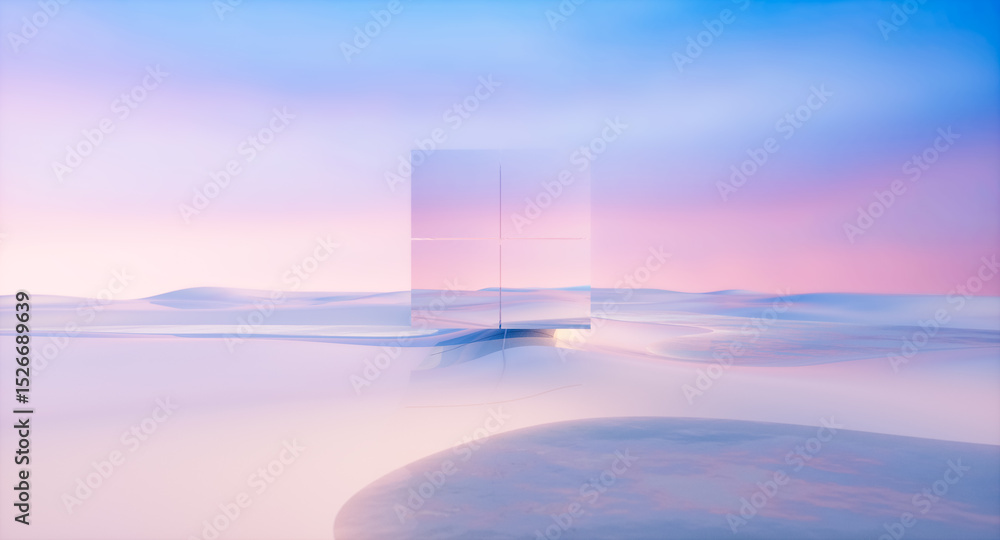 Poster Futuristic 3d landscape background with cube mirror reflection the sky. Innovation technology concept