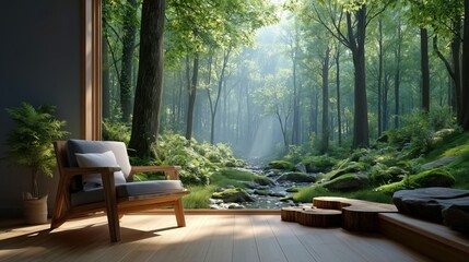 Serene living room with an armchair and a large window looking into a sunlit forest
