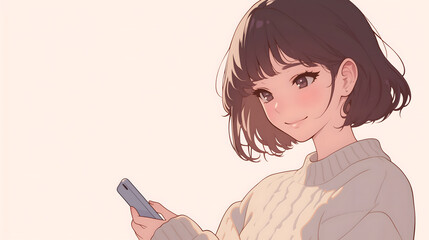 スマホを見て微笑む女性のイラスト
