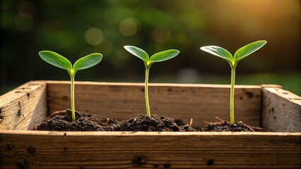 Young Green Seedlings Growing in Wooden Planter Box Outdoors in Warm Morning Sunlight