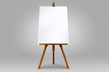 Wooden easel with blank white paper ready for artists design or presentation on gray background