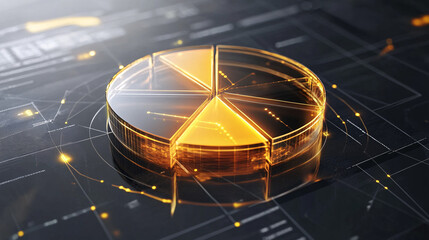 Futuristic Golden 3D Pie Chart Data Visualization on Digital Interface