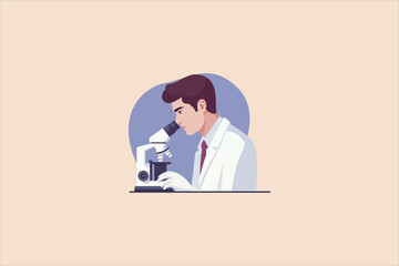Man scientist in laboratory vector illustration. Researcher conducting research with microscope in lab flat style design. Science concept.