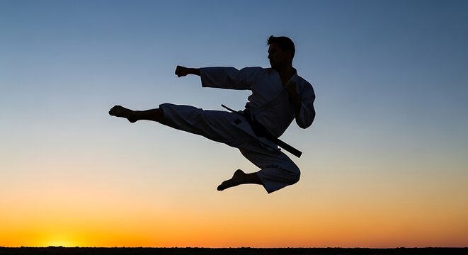 Karate Silhouette Against Sunset Sky Martial Arts Fighter Training Agility Strength Power Discipline Healthy Lifestyle Exercise Self Defense Practicing Kata and Sparring Arts Master