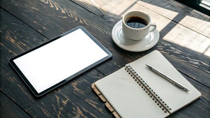 Flat Lay of Digital Tablet with Blank Screen, Notebook, Pen, and Cup of Coffee on Dark Wooden Desk