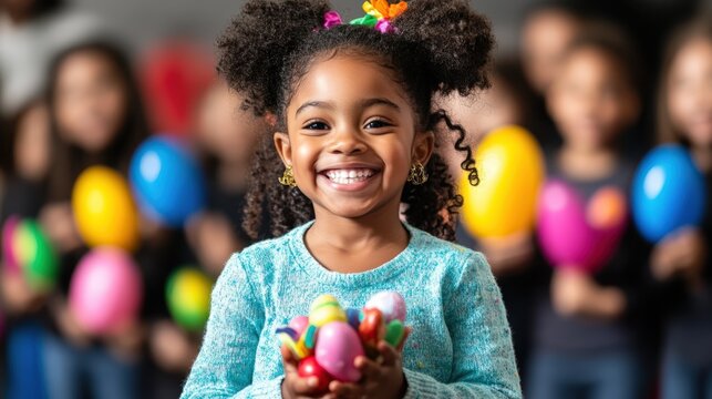 Smiling Little Girl Holding Easter Eggs During Easter Celebration Event