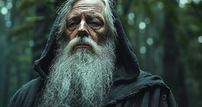 Close-up portrait of an elderly person with a long white beard in the forest. The person is wearing a dark hooded cloak, and the background is a blurred forest. The focus is on the person's face and