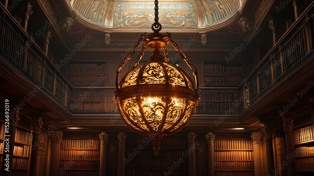 Poster a detailed view of an ornate chandelier inside library setting