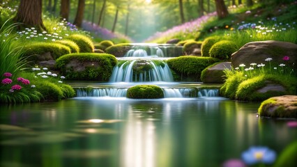 Tranquil Forest Stream Flowing Through Lush Garden with Mossy Rocks and Blooming Wildflowers in Spring