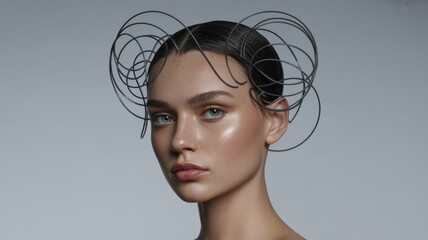 Young caucasian female with artistic metal hair design and glossy skin