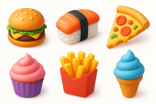 Colorful 3d cartoon fast food icons set featuring burger, sushi, pizza, cupcake, fries, and ice cream cone for fun digital designs, white background