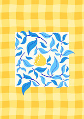 Summer lemon illustration on yellow checkered background. Bright Mediterranean design template for postcard, poster, flyer, banner, cover. 