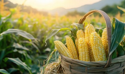corncob or maizecob in a wooden basket beside agriculture farm in the morning sunrise	