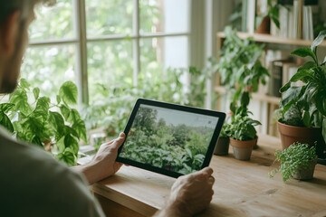 User follows a gardening course on a tablet among indoor plants