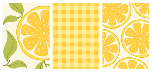 Set of vector postcards with lemon slices, lemon slices. Yellow gingham pattern. Design for postcards, posters, flyers.