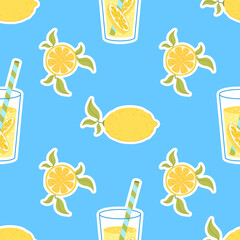 Seamless vector pattern with lemons, lemonade, lemon slice. Flat style illustration.