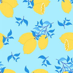 Seamless pattern with lemons on turquoise background. Bright design of Mediterranean citrus fruits in flat style.