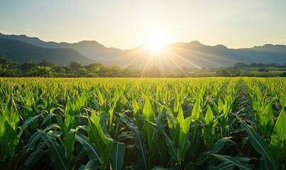 corn or maize field at agriculture farm in the morning sunrise	