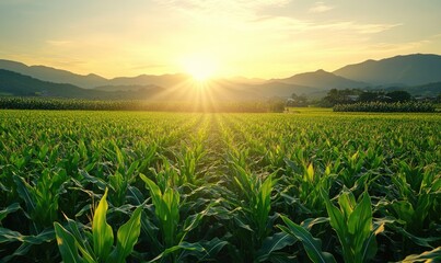 corn or maize field at agriculture farm in the morning sunrise	