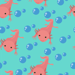 Axolotl seamless pattern, pink animal and bubbles for fabric, paper or packaging design on blue-green background