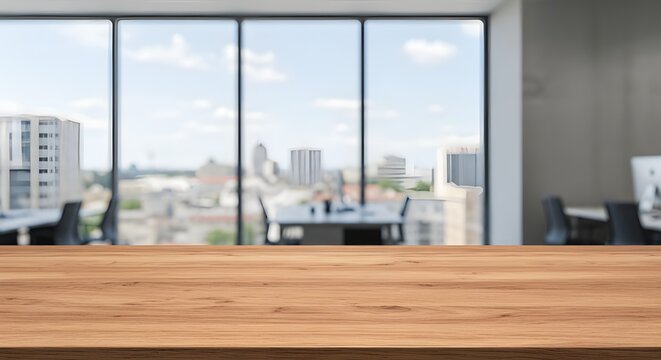 Mesa de madera en oficina luminosa con ventanas panor&aacute;micas.