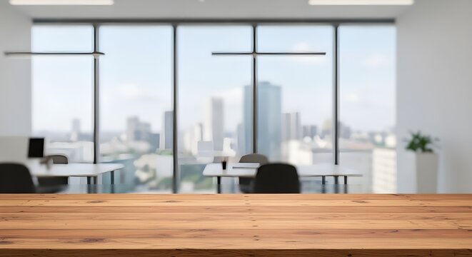 Mesa de madera en oficina luminosa con ventanas panor&aacute;micas.