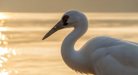 Obraz premium Elegant White Crane Portrait at Sunrise Reflecting Golden Light Water Scenic Bird Against Natural Background Wildlife Serenity Graceful Symbol Freedom Peaceful