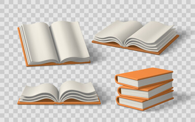 Books and Open Pages in Multiple Angles with Clean Orange Covers, Realistic 3D Style for Education, Reading, or Library Concepts. Great for Web or Editorial Design. Vector Illustration