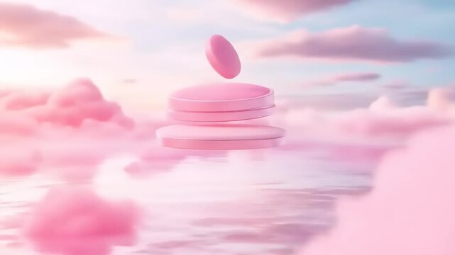 Floating pink objects in a dreamy cloud landscape reflecting soft pastel colors at sunset