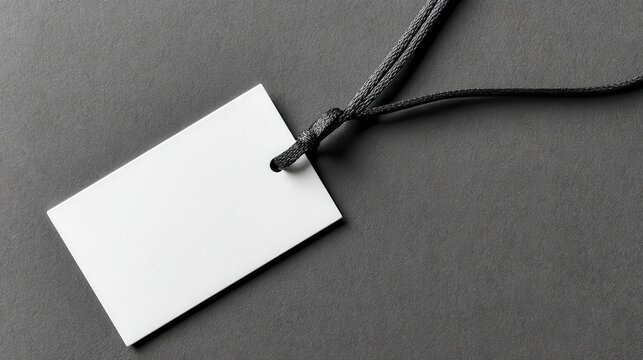 Blank white tag with black cord on a gray background for mockup design and branding