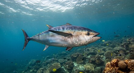 Fototapeta premium Yellowfin Tuna Swimming Over Coral Reef