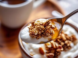 Close-up of yogurt with granola and honey in wooden bowl