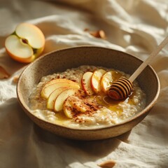 Creamy oatmeal bowl topped with apple slices and honey drizzled  