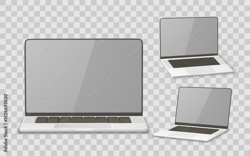 Poster laptop mockup, realistic computer device template with keyboard and screen, front and isometric view