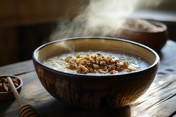 Rustic ceramic bowl filled with hot porridge and nuts on table  