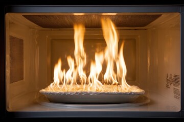 Food on fire inside microwave oven, bright orange flames engulfing the meal.