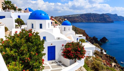 Santorini Churches with Aegean Sea View.